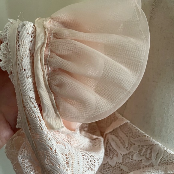 Vintage 80s 90s Glenda Sheer Lace Dress Puff Sleeve Peach Pink Princess Size 4 - Picture 8 of 8